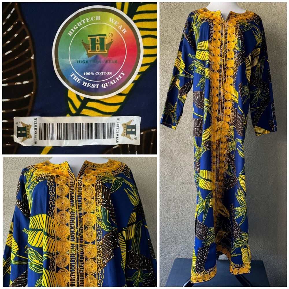 Gorgeous African Wax Print Fabric Ankara Kaftan with Gold Embroidery size XL